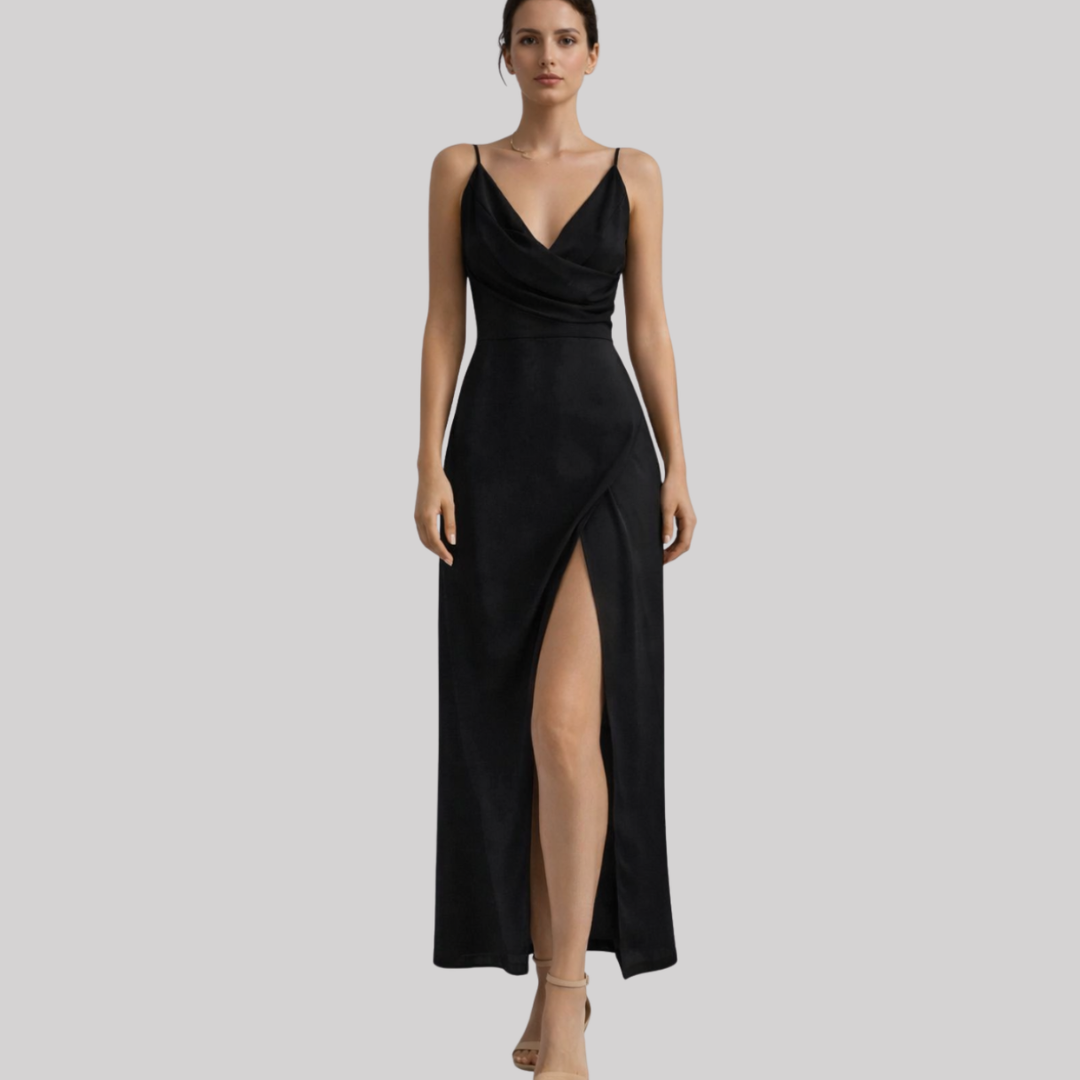 Elegant Maxi Dress | Women's Formal Dress with High Slit & Draped Bodice | Perfect for Weddings and Special Occasions