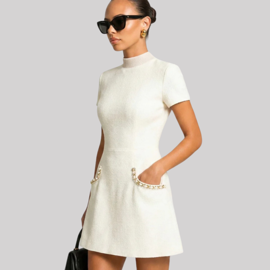 Chic Collection | Women's Mini Dress with Pearl Trim & Pocket Detail | Stylish Versatility for Spring & Summer Occasions