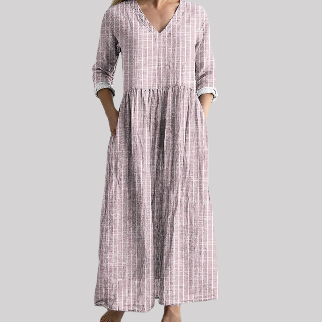 Vintage Stripe Linen Dress | Women's Dress with V-Neck & Ankle-Length Design | Effortless Elegance for Summer Styling