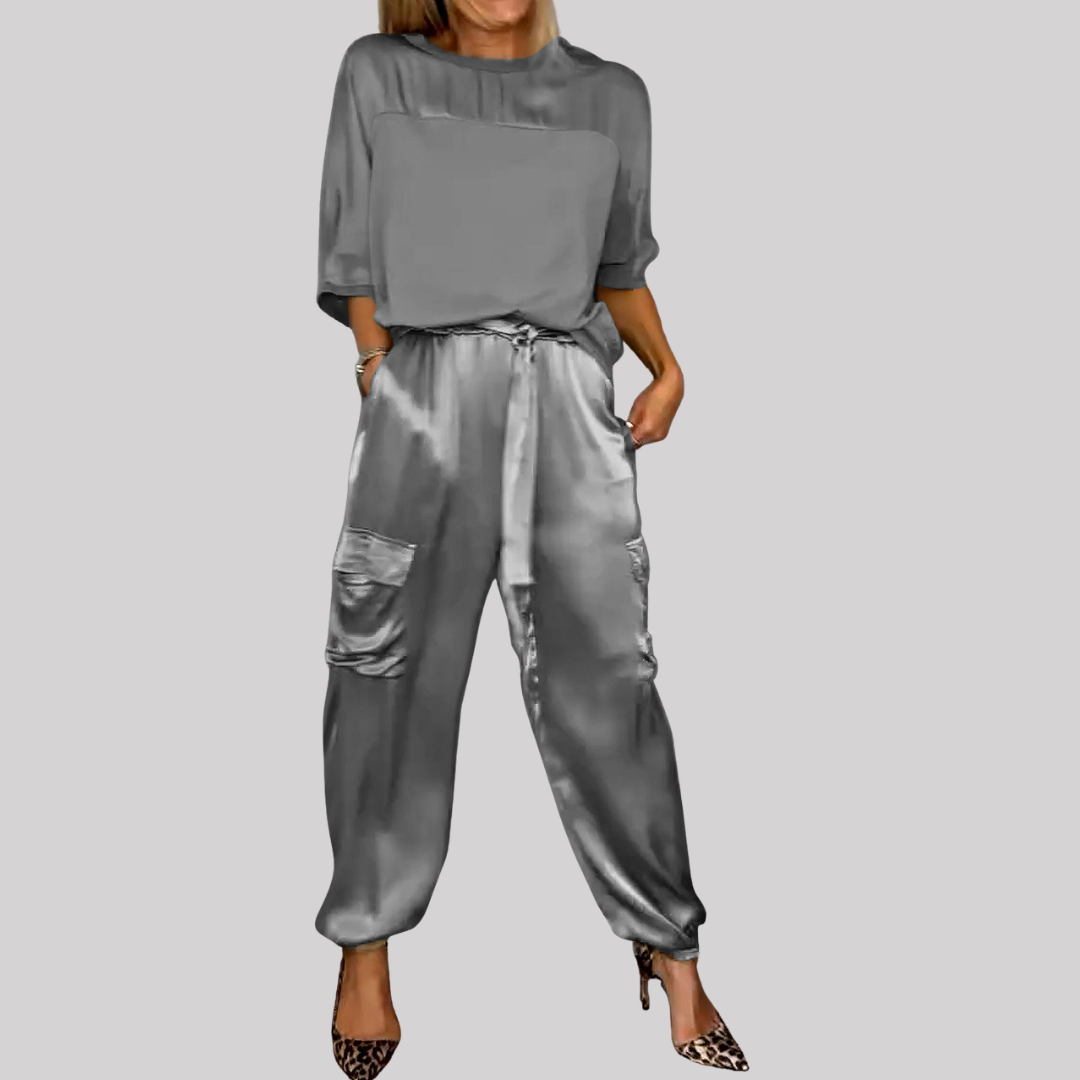 Chic Satin | Women's Two Piece Set with Loose-Fitting Top & Cargo Pants | Effortless Style for Casual & Night Out