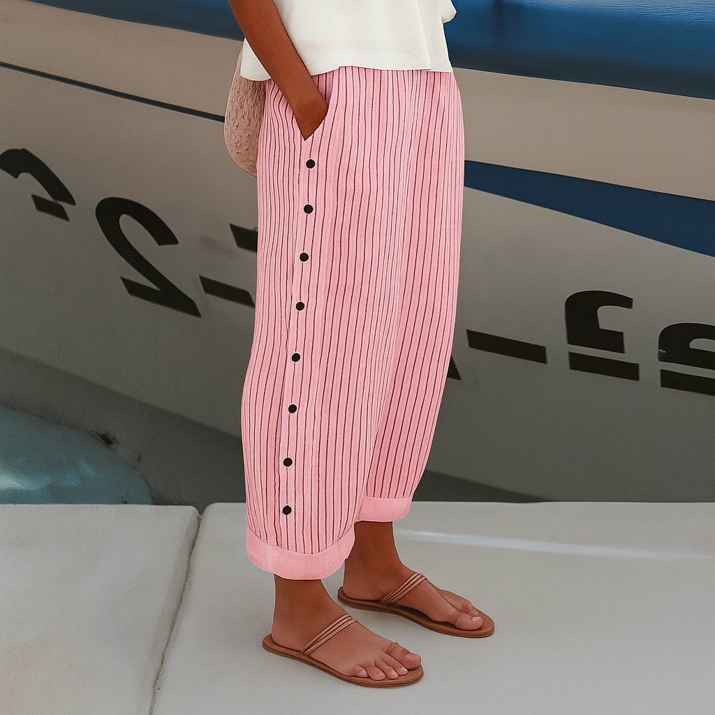 Women's Striped Trousers with Side Button Panel & Turn-Up Cuff 13