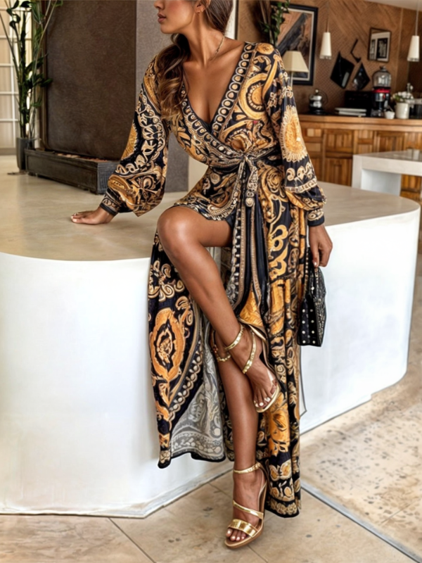 Elegant Bohemian Maxi Dress with Golden Print & High Slit | Stylish Long Dress for Any Occasion