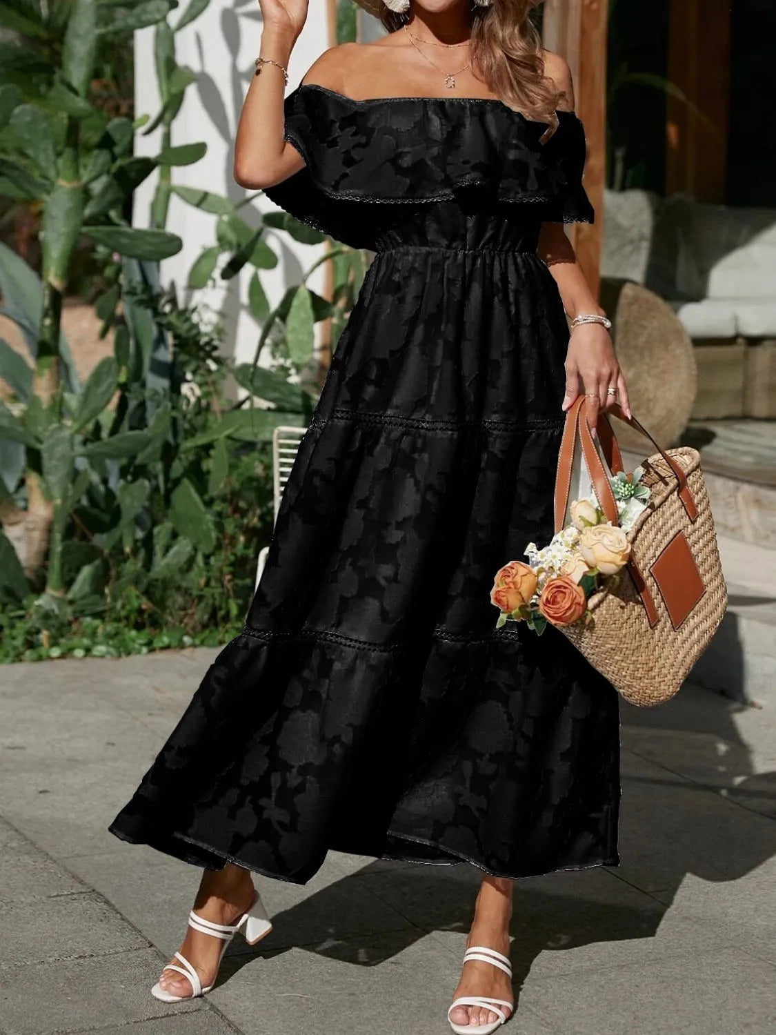 Elegant Women's Off Shoulder Maxi Dress with Tiered Layers for Summer Events