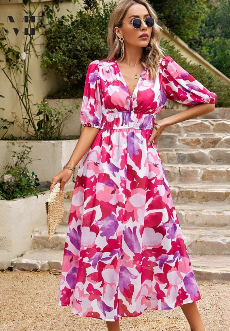 Makayla | Women's Floral Midi Dress with V Neck Design | Elegant Summer Wedding Guest Dress for Timeless Style
