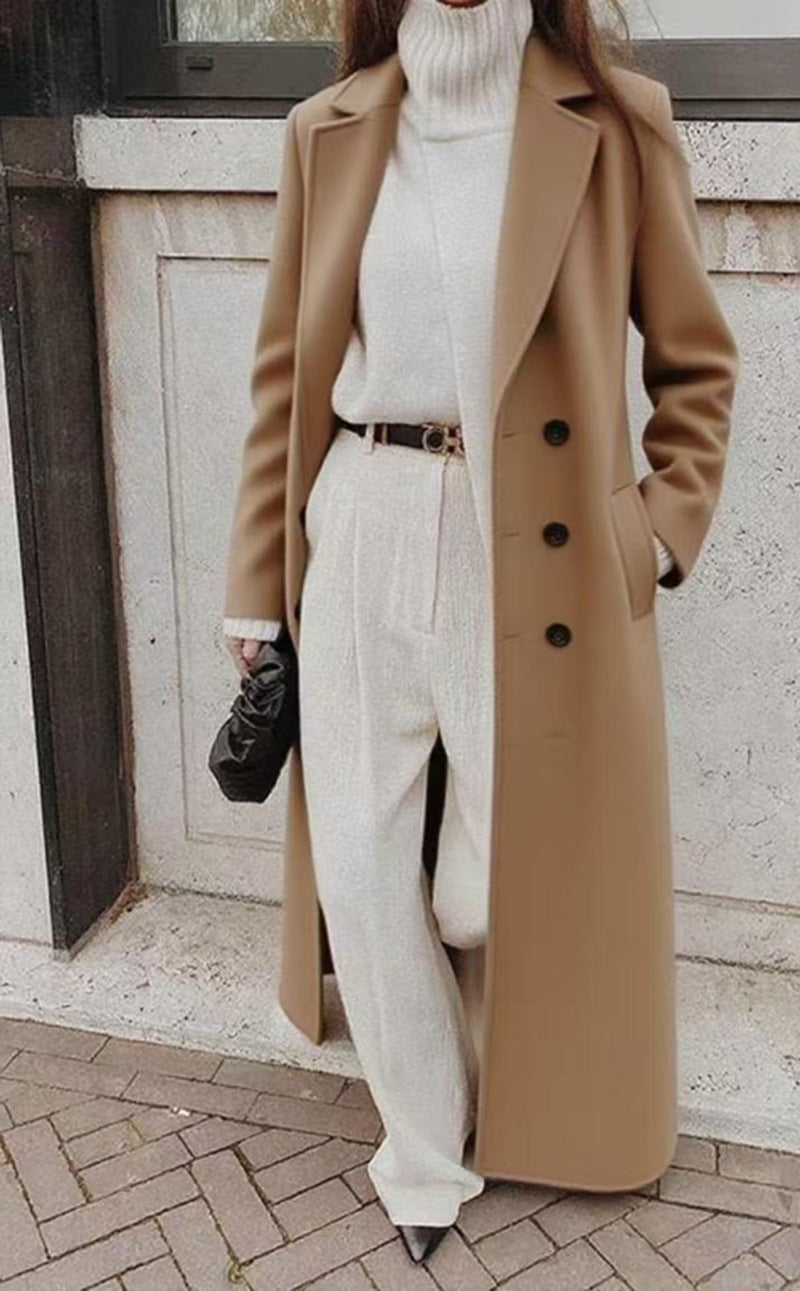 Women's Double-Breasted Longline Coat with Pockets 9