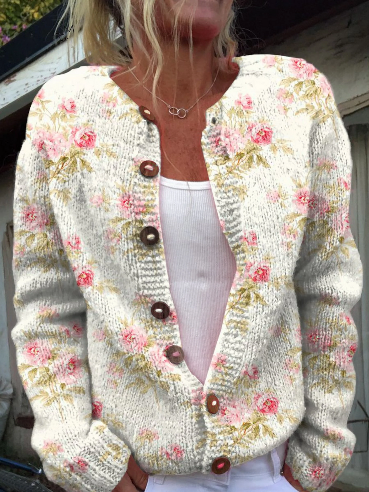 Women's Floral Chunky Knit Button-Up Cardigan — Relaxed Fit 1