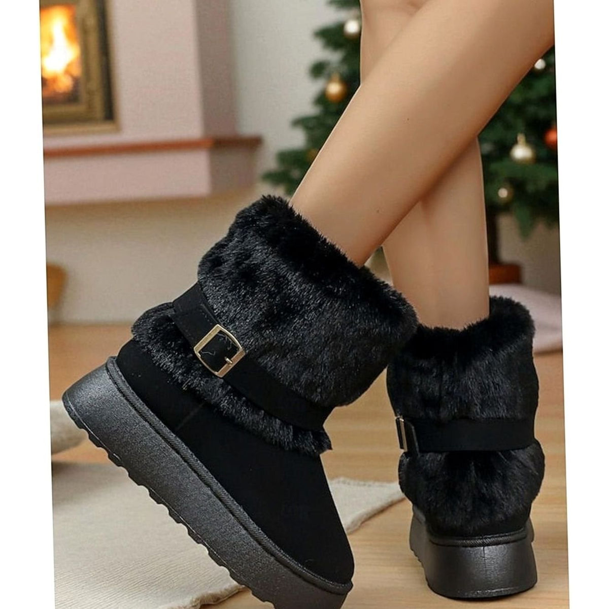 Women's Faux Fur Trimmed Snow Boots, Slip-On Winter Boots 11
