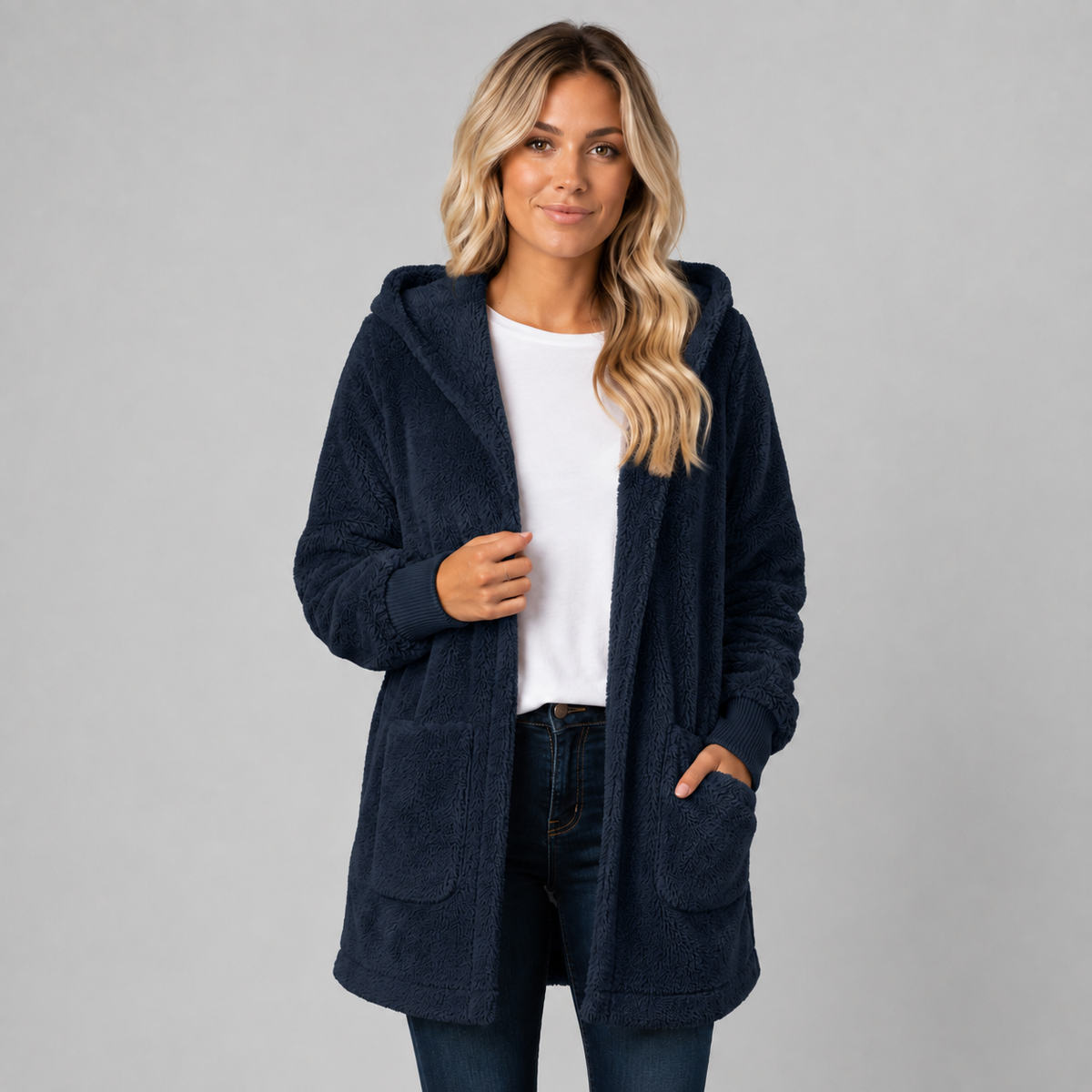 Longline Hooded Fleece Cardigan for Women, Reversible 9