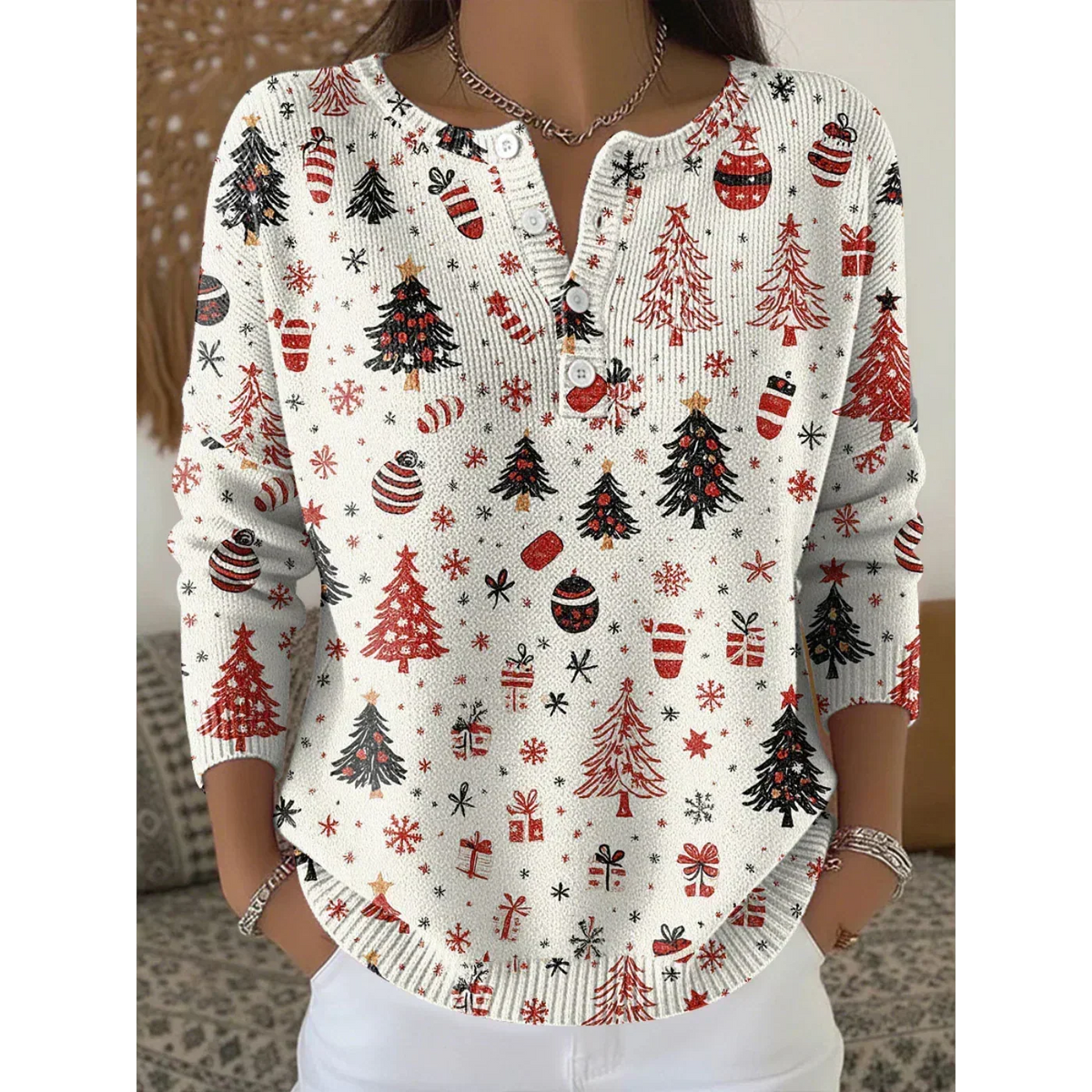 Christmas Henley Sweater for Women | Festive Print Knit 1