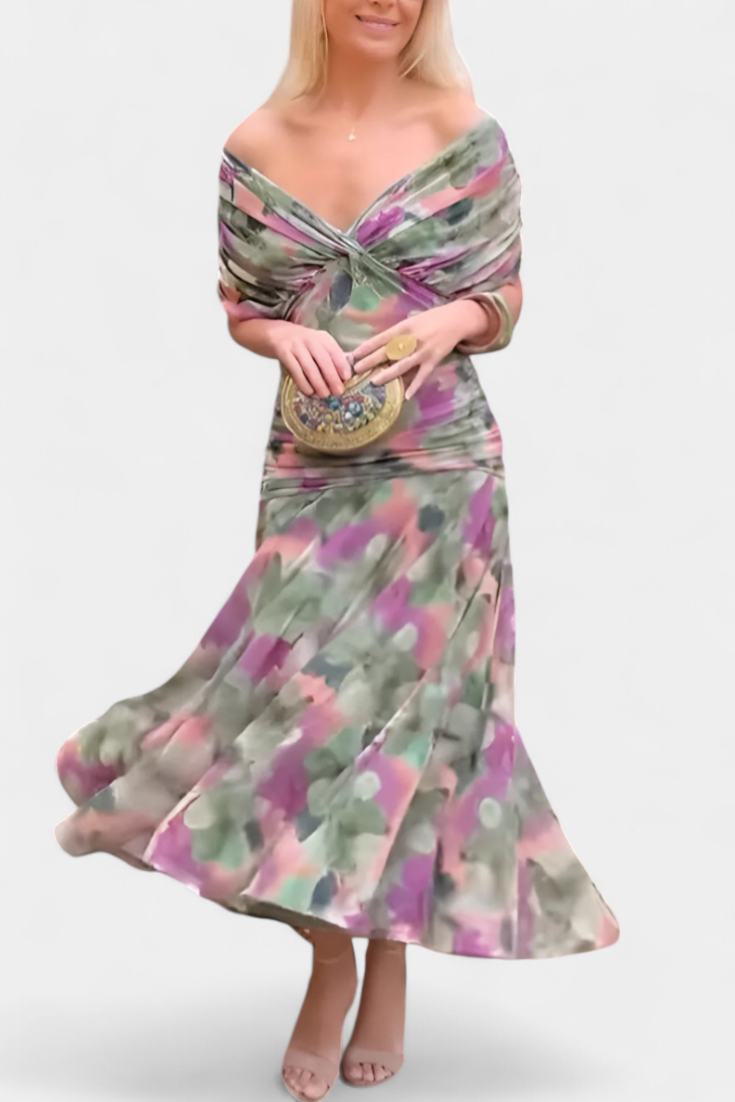 Eryzziah Elegant Floral Maxi Dress with V-Neckline & Pleated Waist 5