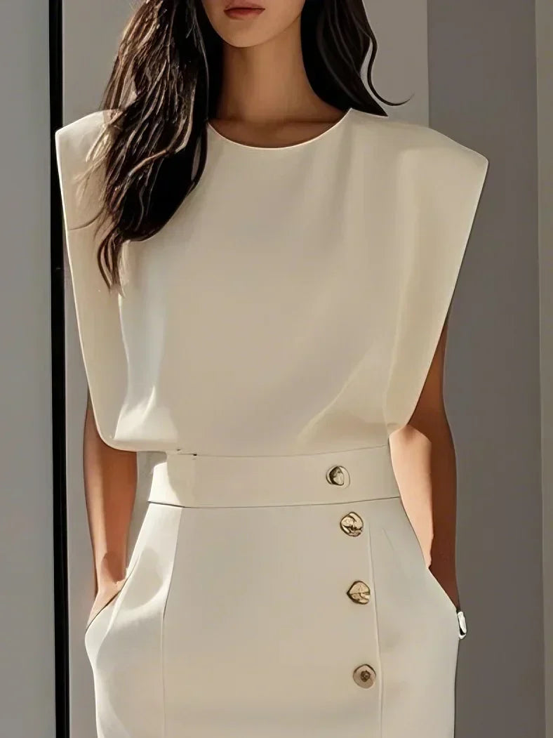 Effortless Charm Midi Dress — Round Neckline & Button Slit Detail 10