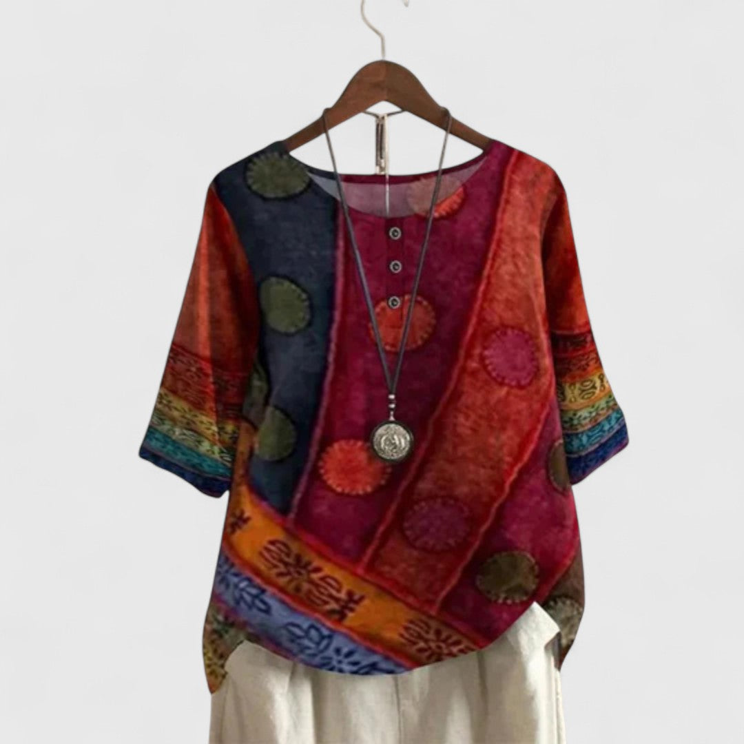 Women's Bohemian Patchwork Top — Wide Fit Short Sleeve Blouse 1