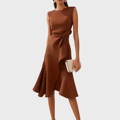 Ruffle Hem Wrap Detail Midi Dress — Sleeveless Flared Skirt 9