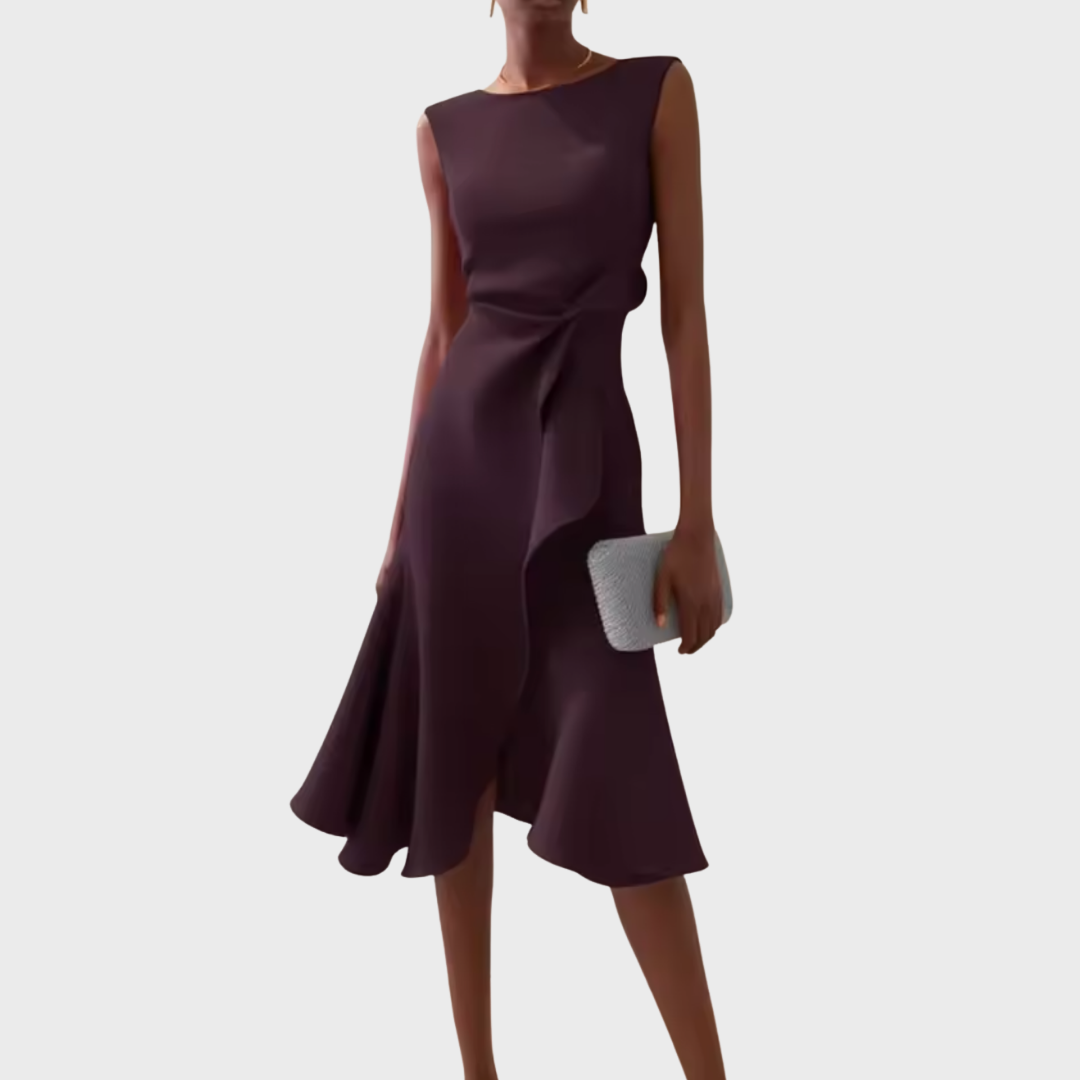 Sheila™ Draped Asymmetric Midi Dress — Sleeveless Elegant Fit 11