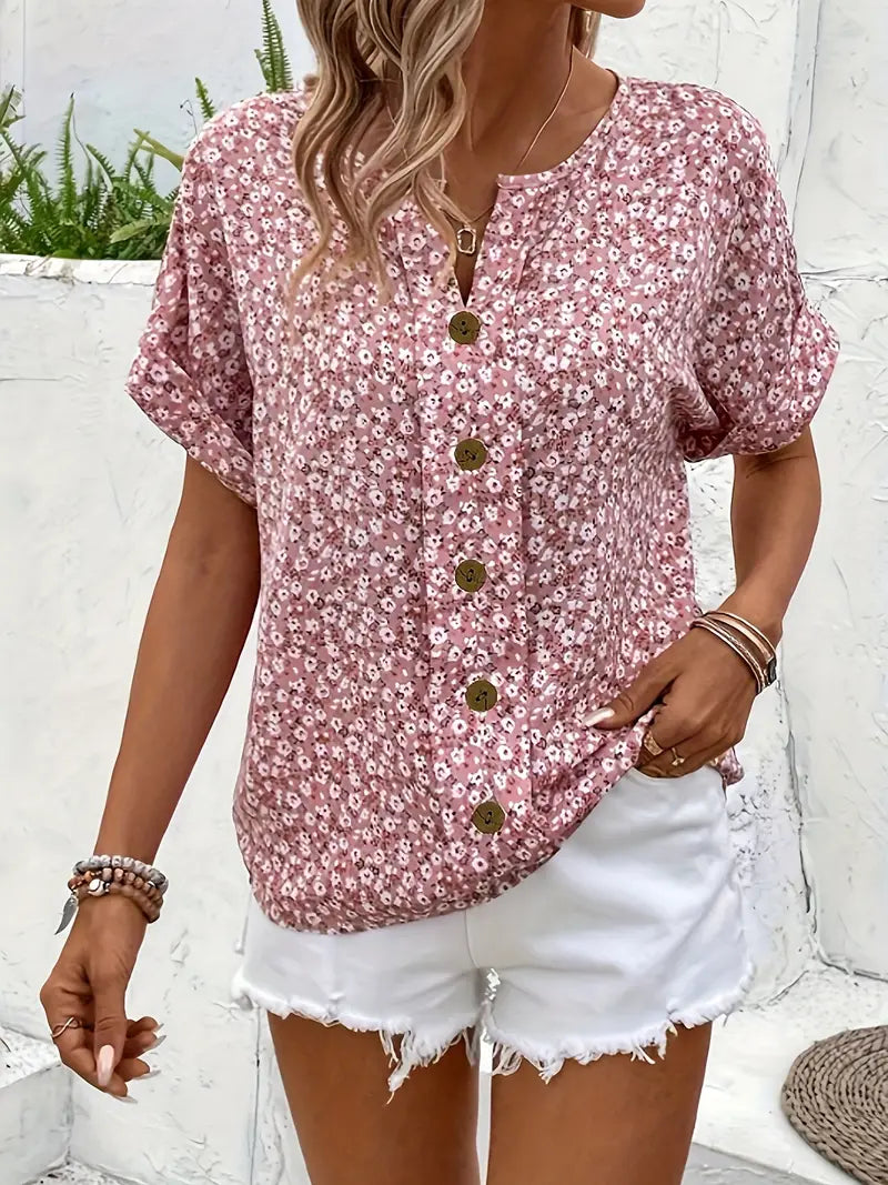 Floral Print Blouse Women — Button-Front Split Neckline 3