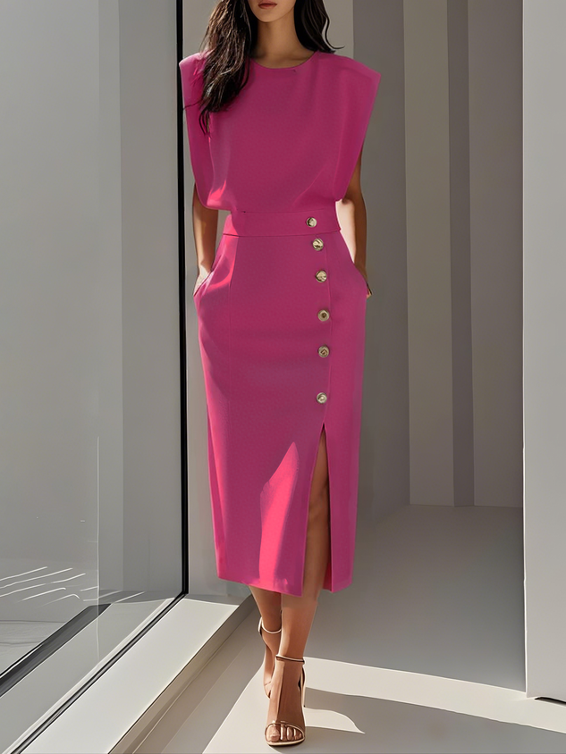 Sleeveless Midi Dress with Side Button Detail & Front Slit 7