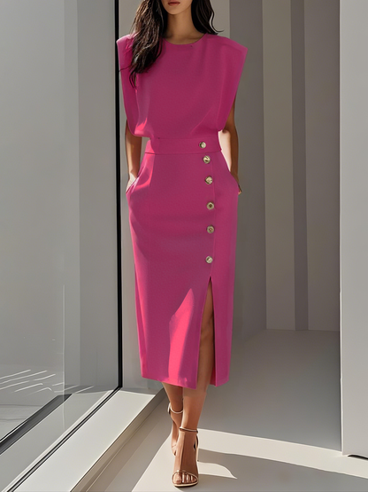 Sleeveless Midi Dress with Side Button Detail & Front Slit 7