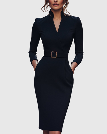 Claribel Refined Midi Dress — Mock Wrap Pencil Silhouette 2
