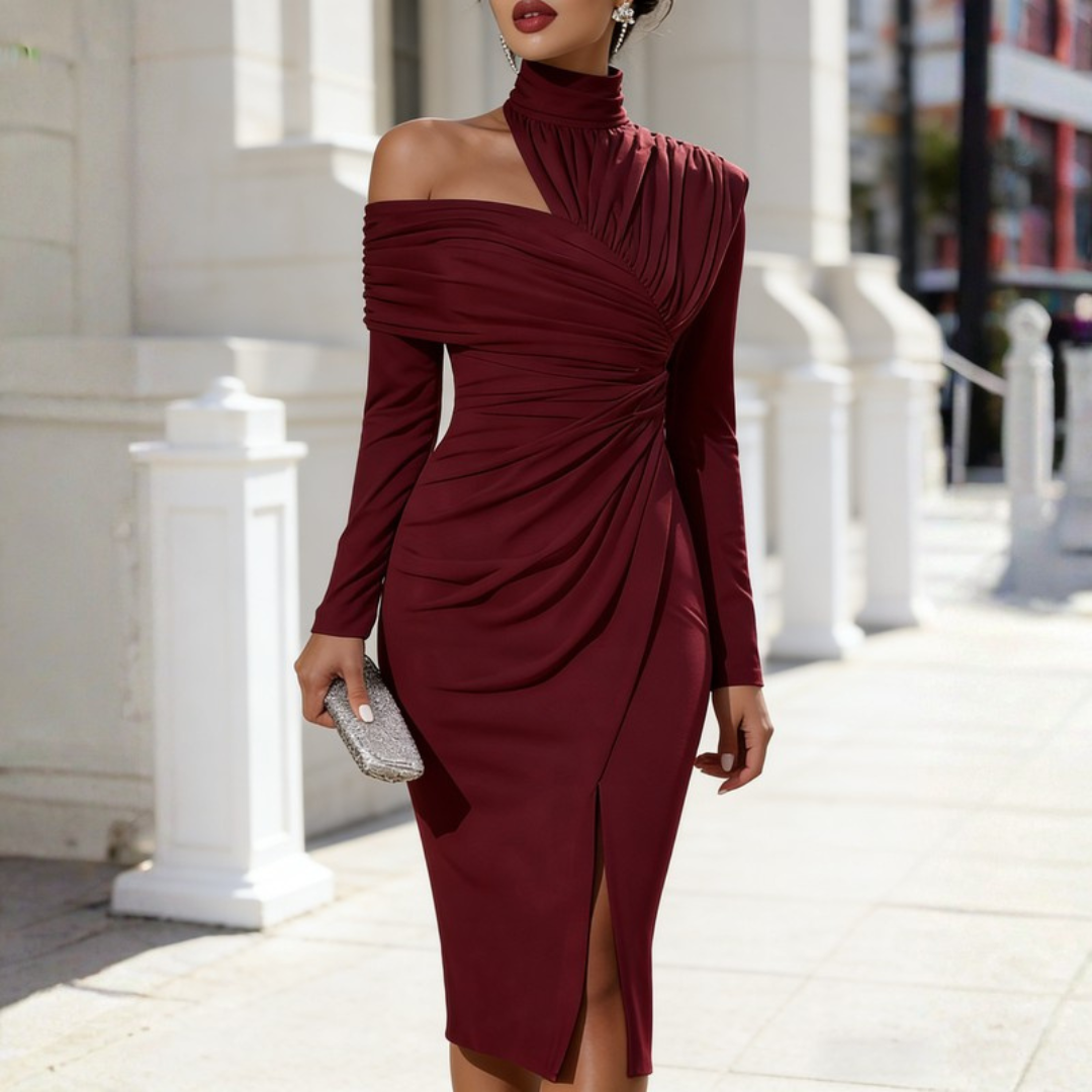 Elegant Evening Gown | Asymmetric High-Neck One-Shoulder Design with Sculptural Draping | Formal Wear for Timeless Sophistication