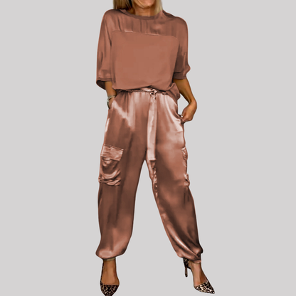 Chic Satin | Women's Two Piece Set with Loose-Fitting Top & Cargo Pants | Effortless Style for Casual & Night Out