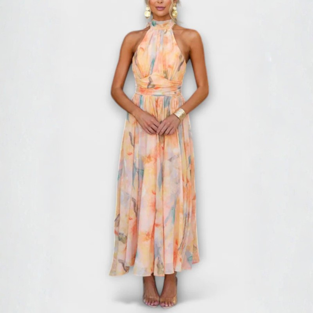 Elegant Maxi Dresses for Women | Floral Print Halter Neck Design | Flowy Silhouette for Warm-Weather Events