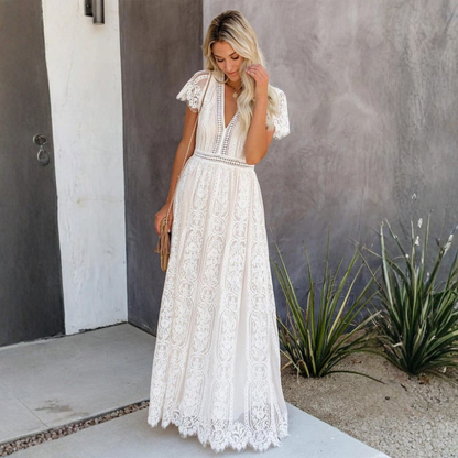 Elegant Lace Maxi Dress | White Maxi Dress with Tulle Underlay for Romantic Occasions