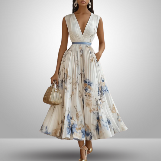 Pleated Sleeveless Maxi Dress with Deep V-Neckline 1