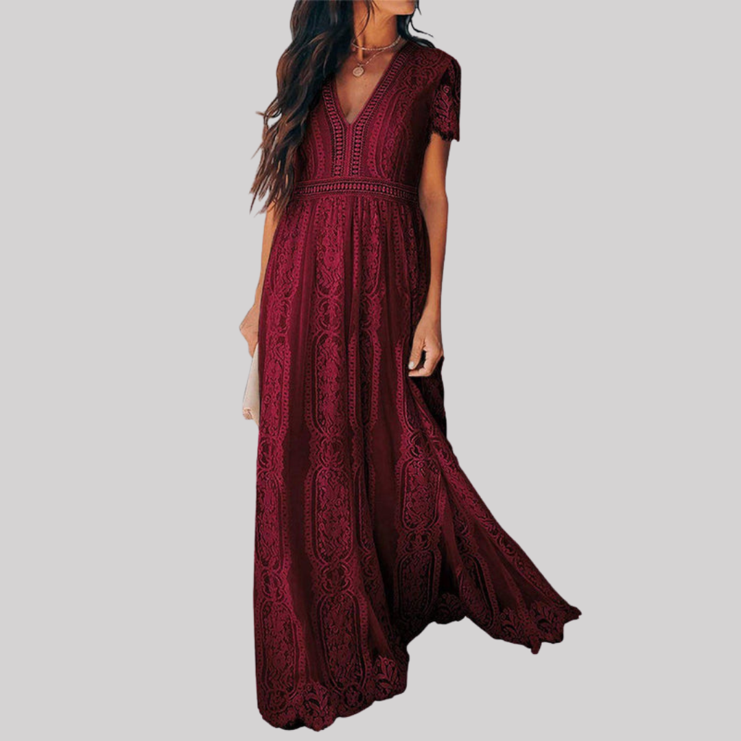 Elegant Burgundy Maxi Dress for Women with Deep V Neckline | Romantic Style for Special Occasions