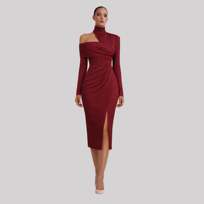 Delphina | Women's Asymmetric Midi Dress with Draped Bodice | Elegant Wedding Guest Attire