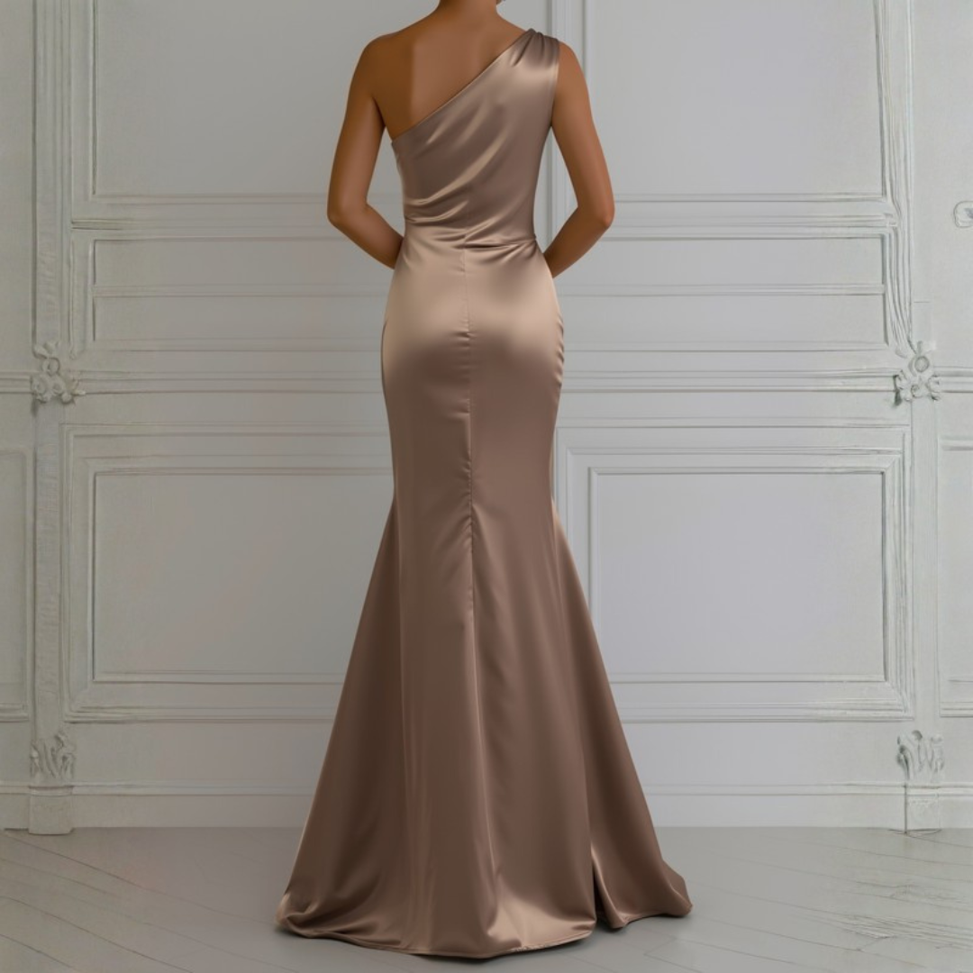 Elegant Evening Gown | Champagne Satin One-Shoulder Dress with Luxurious Drape | Formal Wear for Timeless Sophistication