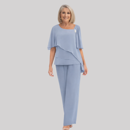 Navy Women's Set | Elegant Two-Piece Overlay with Decorative Brooch | Sophisticated Style for Formal Occasions