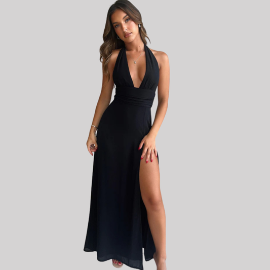 Elegant Halter Neck Maxi Dress with High Side Slit | Stylish Long Dress for Effortless Summer Elegance