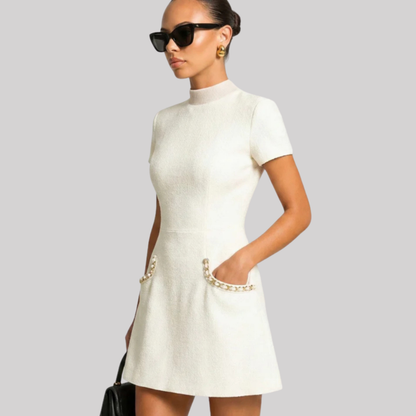 Chic Collection | Women's Mini Dress with Pearl Trim & Pocket Detail | Stylish Versatility for Spring & Summer Occasions