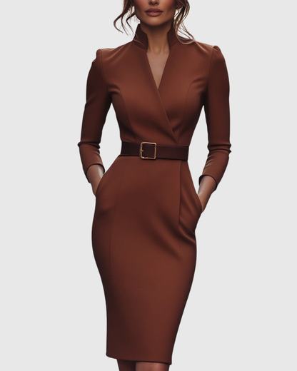 Claribel Refined Midi Dress — Mock Wrap Pencil Silhouette 13