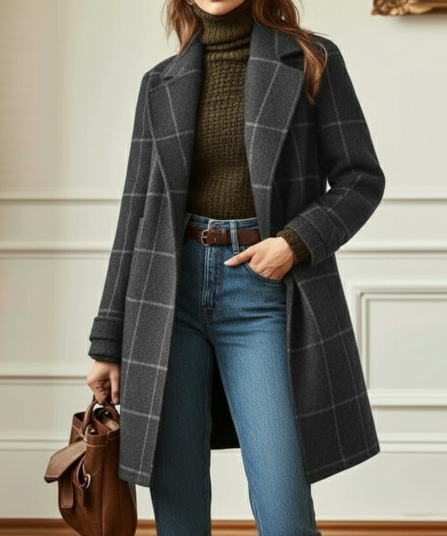 Women's Wool-Blend Check Coat — Lapel Collar Tweed Style 3