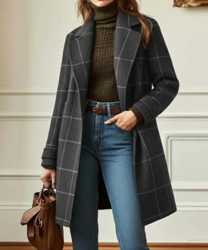 Women's Wool-Blend Check Coat — Lapel Collar Tweed Style 3