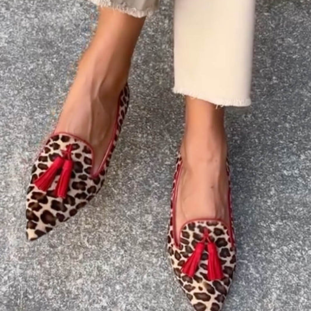 Pointed Loafers for Women with Red Tassels & Animal Print Design | Chic Style for Versatile Outfits