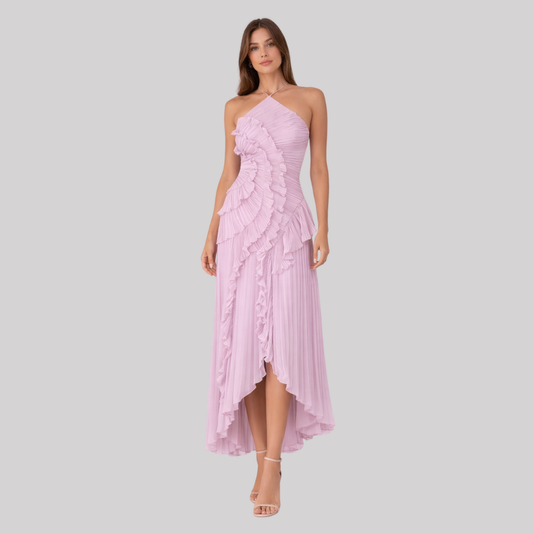 Elegant Summer Maxi Dress with Layered Ruffles & Open Back Design for Wedding Guests