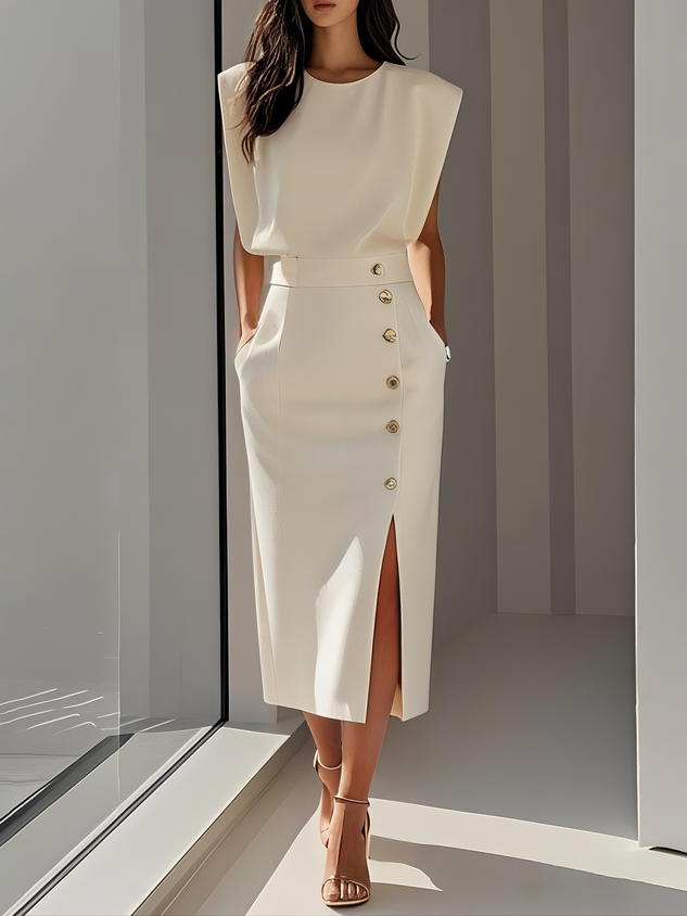 Effortless Charm Midi Dress — Round Neckline & Button Slit Detail 1