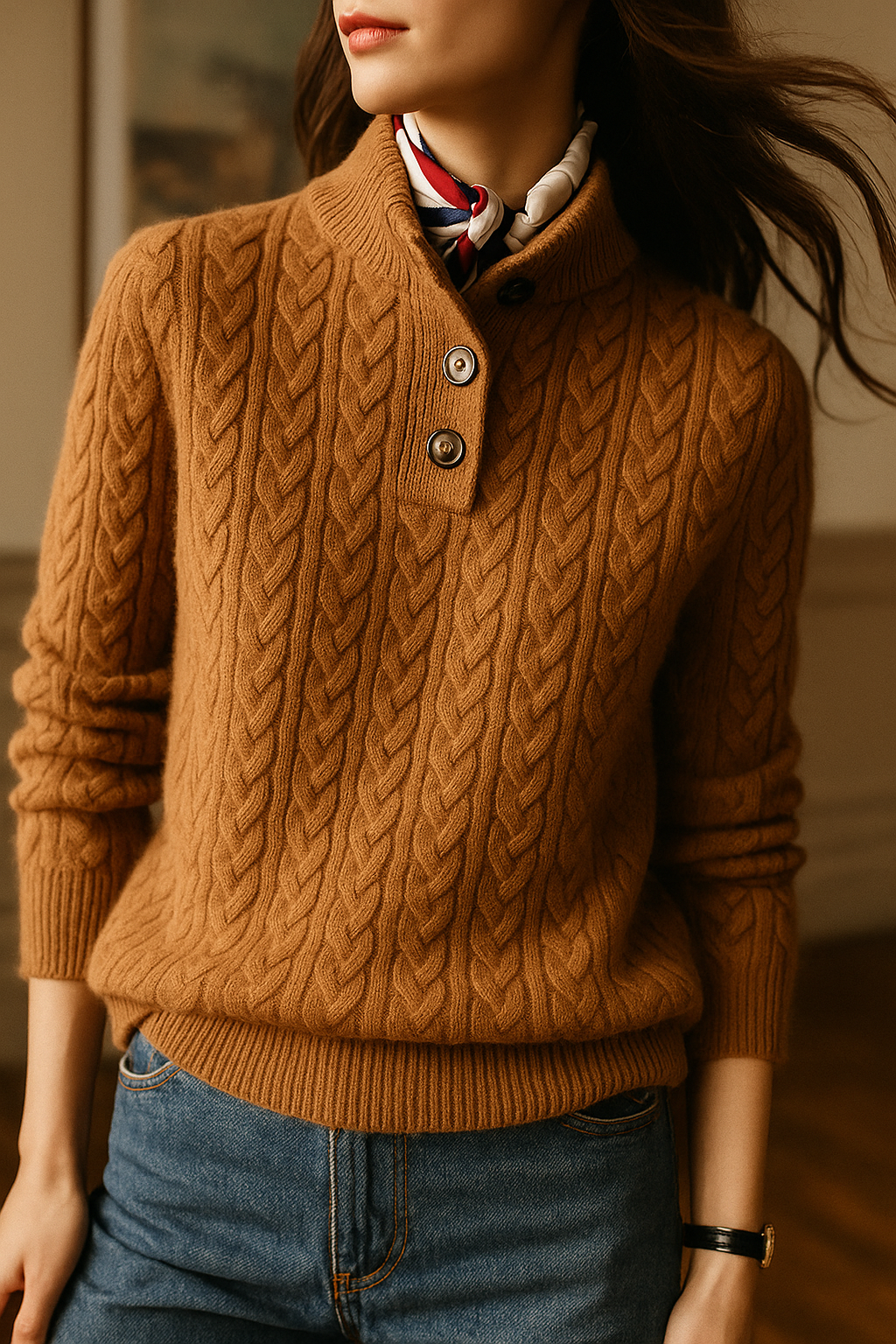 Women's Cable-Knit Cashmere Sweater — Button-Up Stand Collar 3