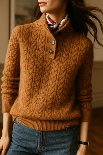 Women's Cable-Knit Cashmere Sweater — Button-Up Stand Collar 3
