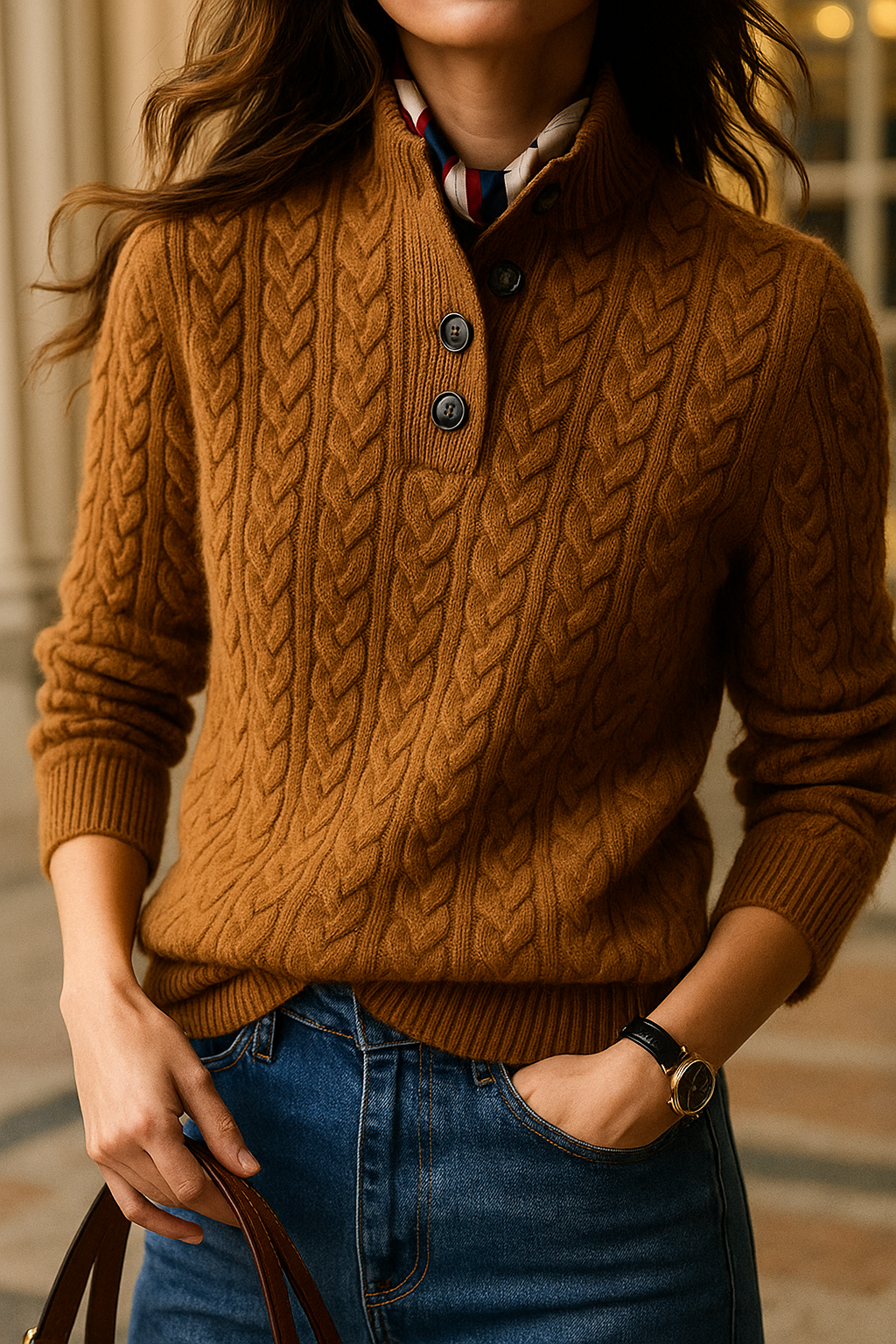Women's Cable-Knit Cashmere Sweater — Button-Up Stand Collar 2