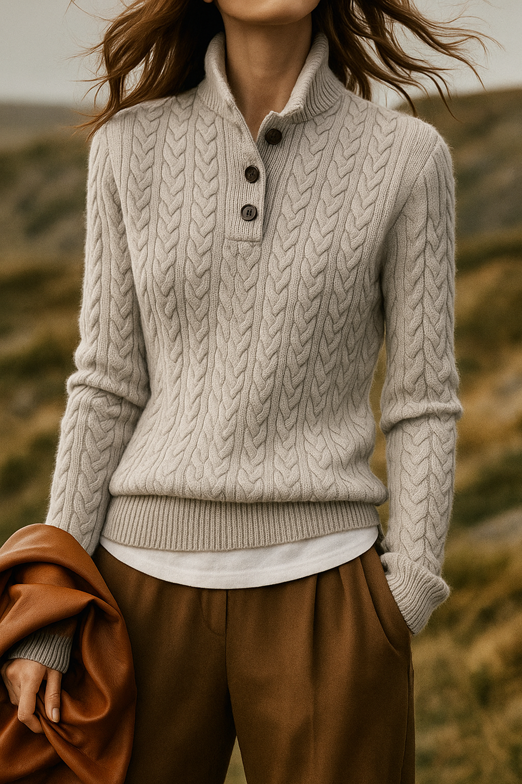 Women's Cable-Knit Cashmere Sweater — Button-Up Stand Collar 13