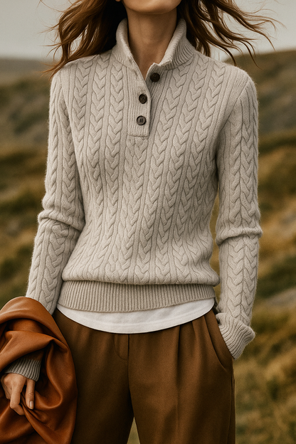Women's Cable-Knit Cashmere Sweater — Button-Up Stand Collar 13