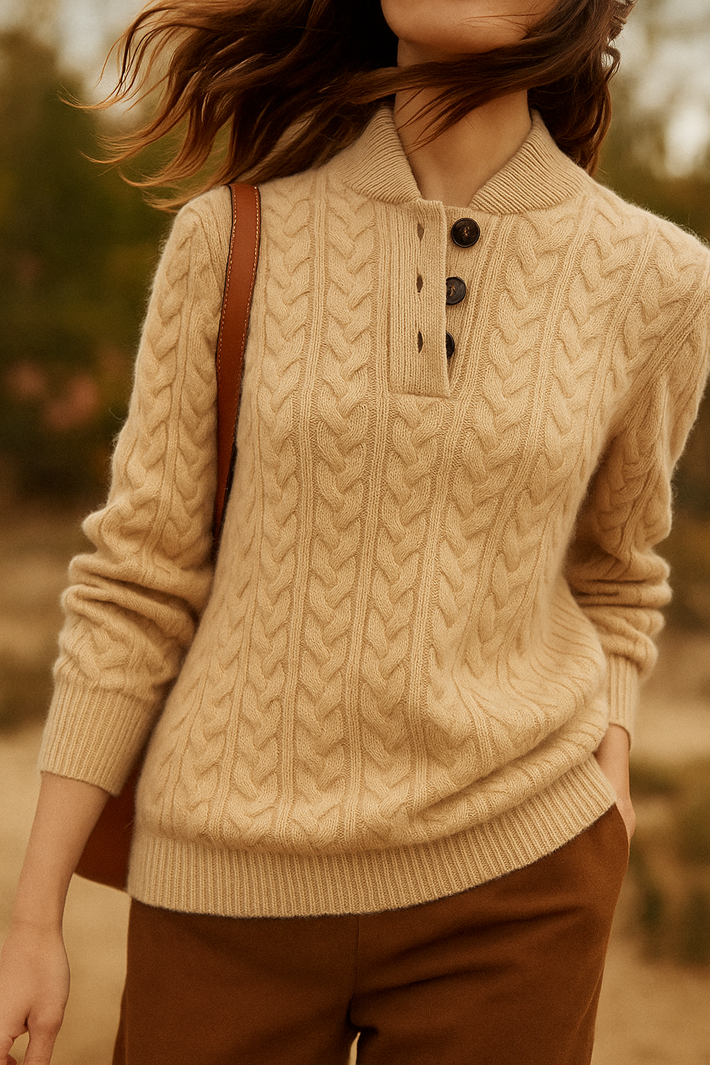 Women's Cable-Knit Cashmere Sweater — Button-Up Stand Collar 10