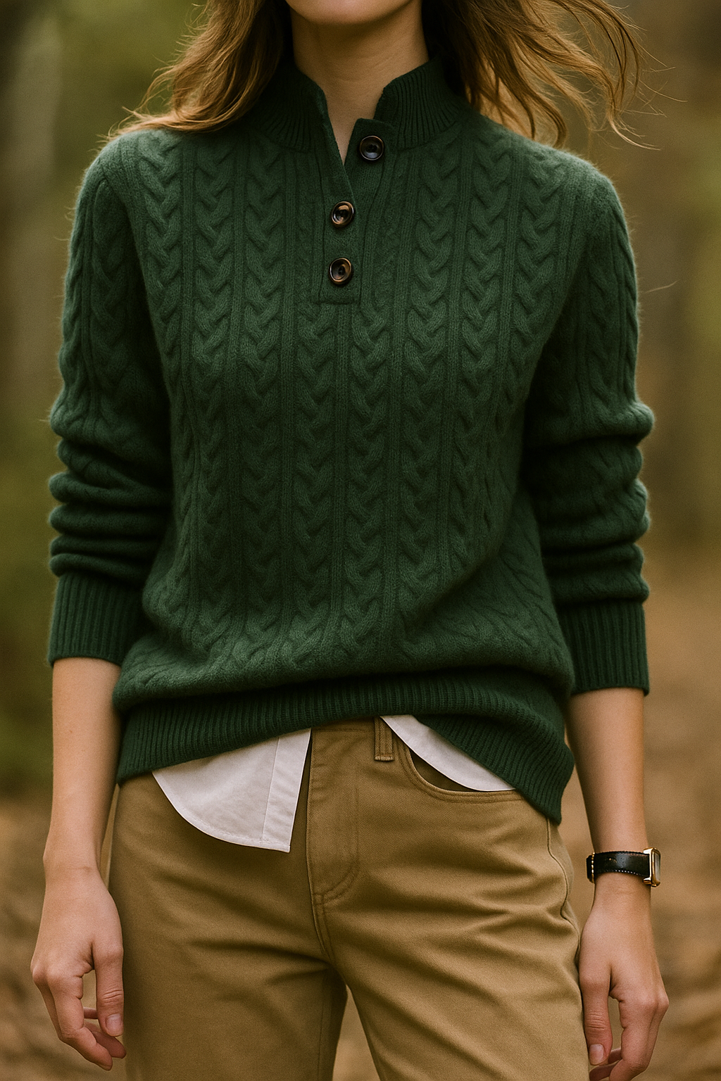 Women's Cable-Knit Cashmere Sweater — Button-Up Stand Collar 6