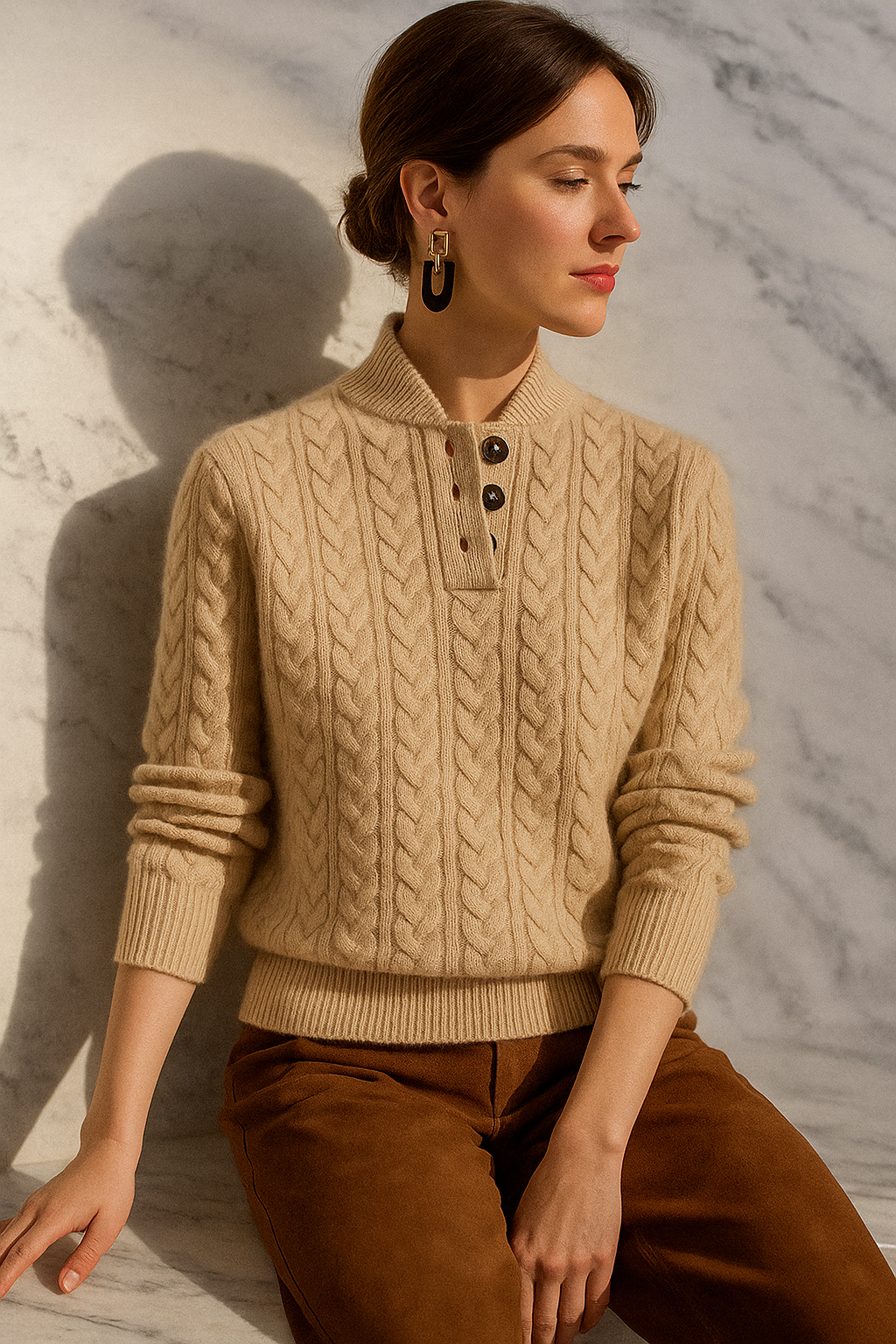 Women's Cable-Knit Cashmere Sweater — Button-Up Stand Collar 22