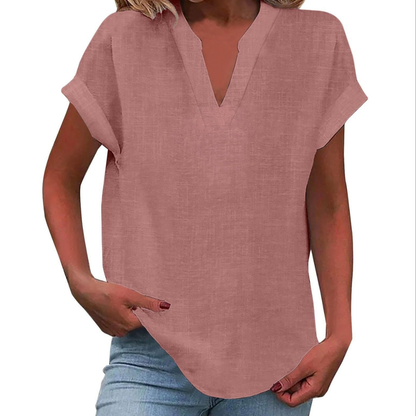 Women's V-Neck Blouse Short Sleeve Plain Curved Hem Top 2