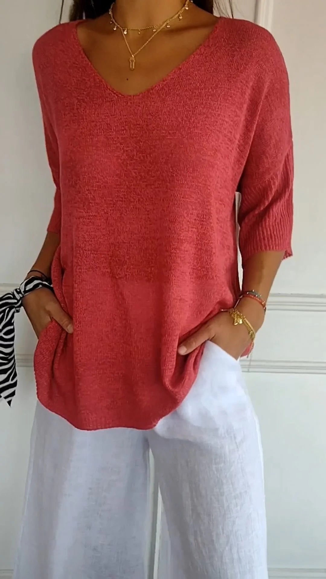 Women's V-Neck Knit Top — Slim Fit Lightweight Sweater 1