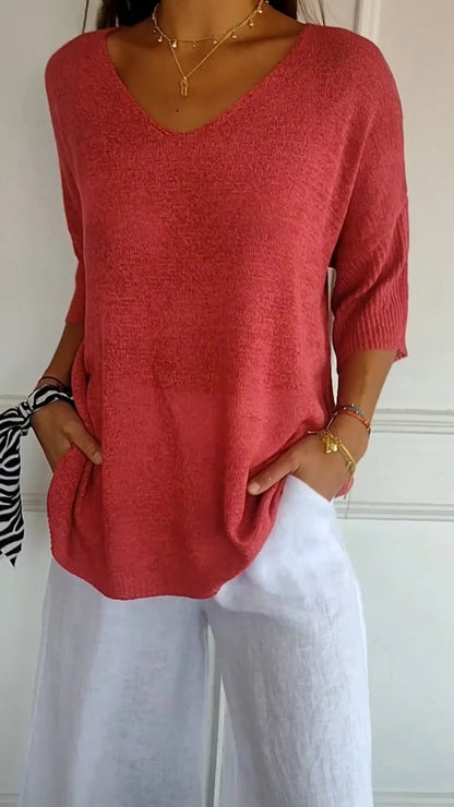 Women's V-Neck Knit Top — Slim Fit Lightweight Sweater 1